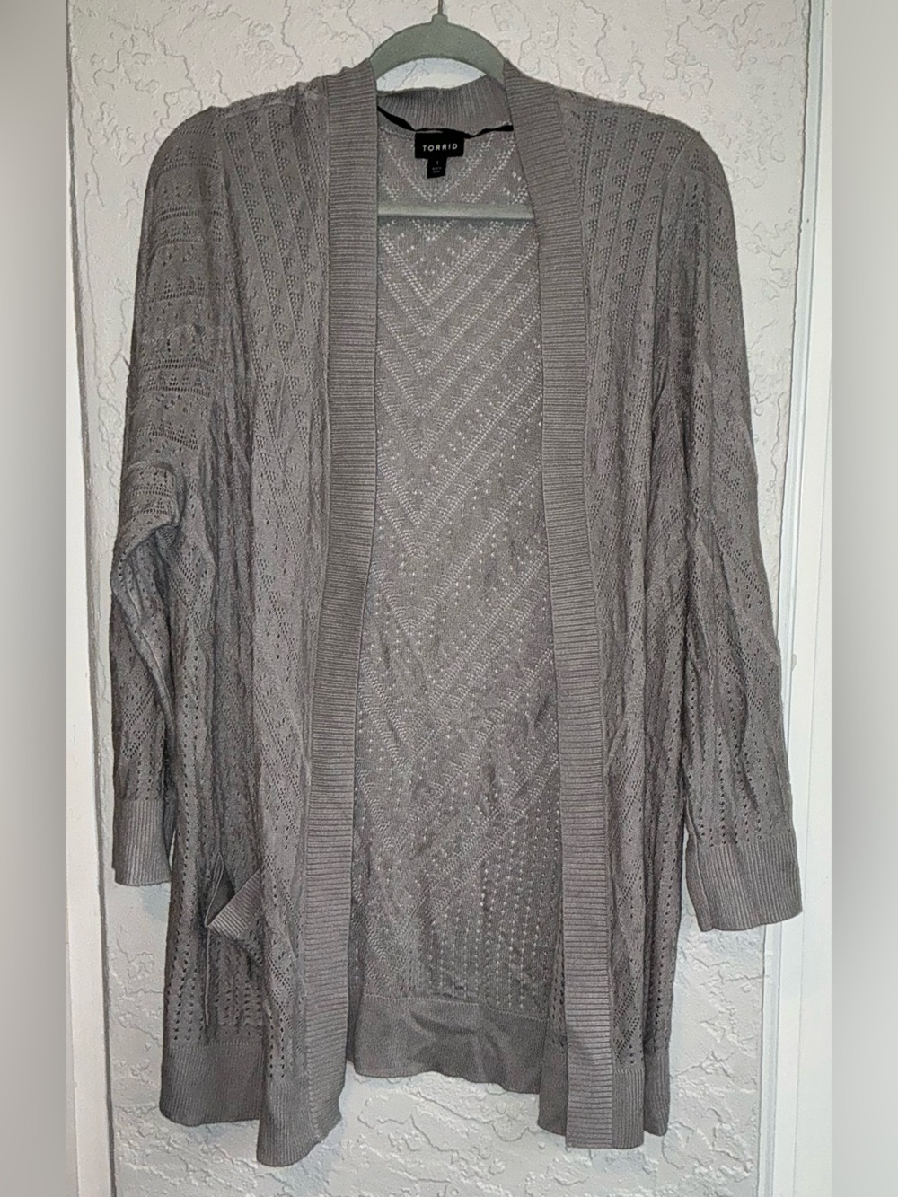 Torrid Gray Open-Front Pointelle Long Sleeve Cardigan